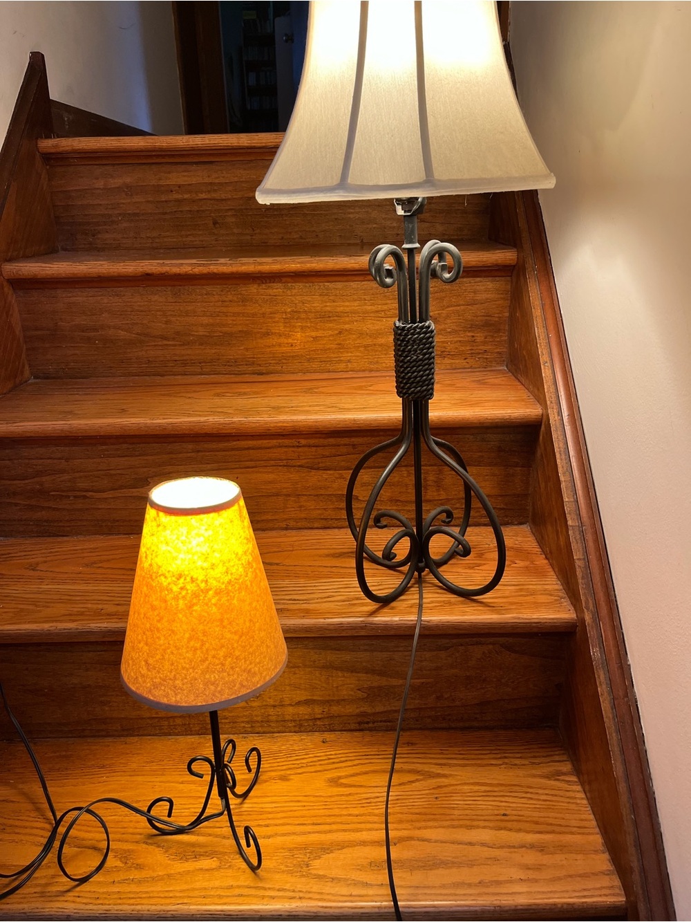 Vintage Wrought Iron Scroll Base Table Lamps with Shades Set of 2 vintage wrough